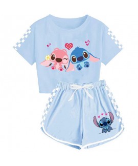 Stitch Cartoon Unisex Kids T-Shirt + Shorts Sports Pajama Set For Children