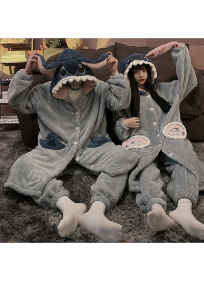 Cartoon Stitch Hooded Robe for Autumn and Winter, Thickened Long Coral Fleece Couple Loungewear for Indoor and Outdoor Wear