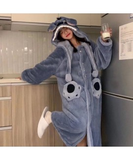 Cartoon Stitch Hooded Robe for Autumn and Winter, Thickened Long Coral Fleece Couple Loungewear for Indoor and Outdoor Wear