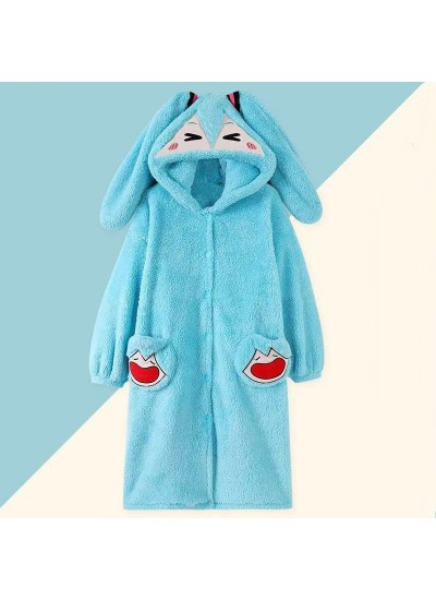 Hatsune Miku Coral Fleece Robe Winter New Thickened Bathrobe Cute Cartoon Warm Loungewear Pajamas