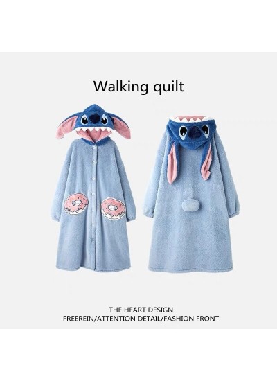 Stitch Cartoon Couple Pajamas | Winter Coral Fleece Long Robe Set