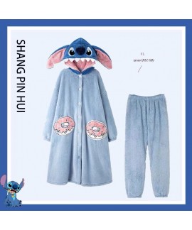 Stitch Cartoon Couple Pajamas | Winter Coral Fleece Long Robe Set