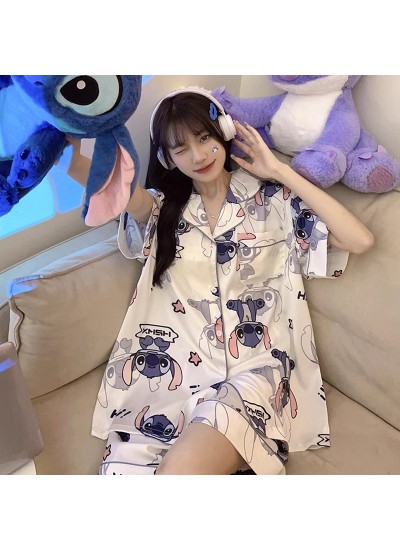 Women's Ice Silk Pajamas | Summer Short-Sleeve Cartoon Loungewear Set