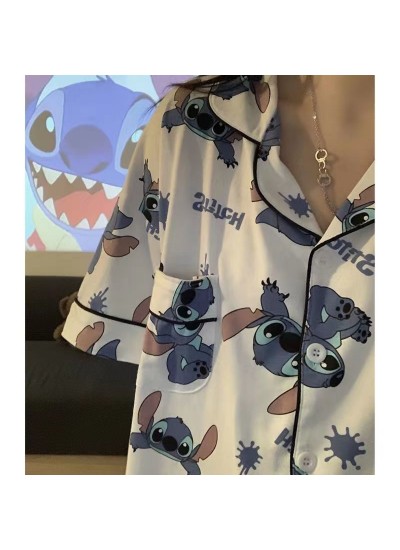 Women’s Summer Ice Silk Stitch Pajama Set – Short-Sleeve Cartoon Loungewear