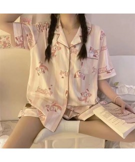 Women’s Summer Ice Silk Stitch Pajama Set – Short-Sleeve Cartoon Loungewear