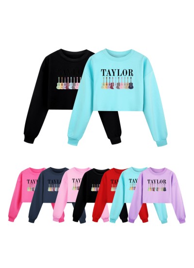 7-Color Taylor Middle and Large Kids Girls 110-170 Half Waist Loose Hoodie