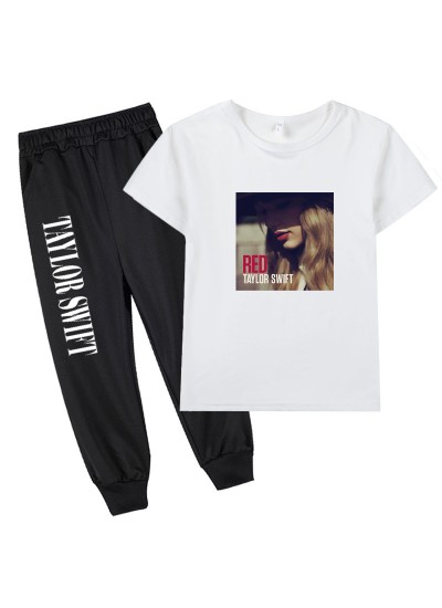 Taylor Swift 100-160 Casual Short-sleeved Top + Black Sports Leggings Children's Set