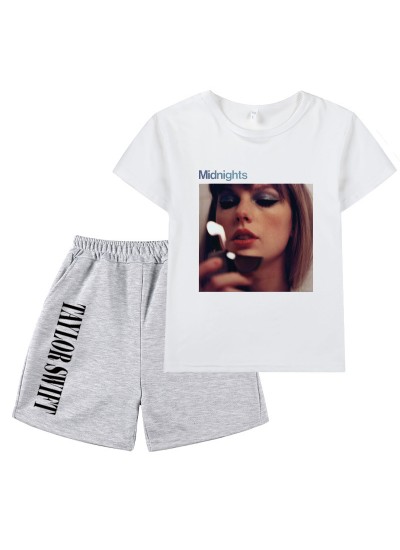 Taylor Swift Concert Merchandise Midnight Printed Kids Short Sleeve Top + Gray Shorts Set