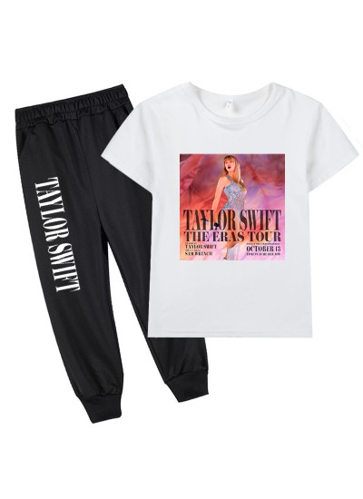 Taylor Swift Merchandise Kids Short-sleeve T-shirt And Black Cuffed Pants Two-piece Set