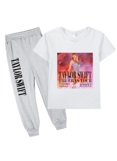 Taylor Swift Merchandise Kids Short-sleeve T-shirt And Gray Cuffed Pants Two-piece Set