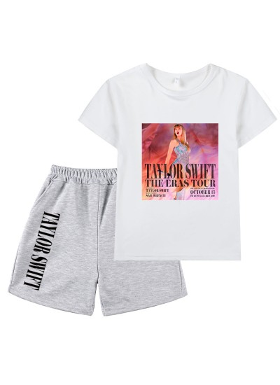 Taylor Swift Concert Peripheral 100-160 Size Short-sleeved T-shirt + Gray Shorts Children's Set