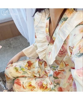 Autumn-Winter Ice Silk Printed Pajama Set - Elegant Long-Sleeve Loungewear for Young Women