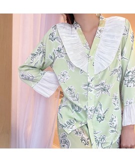 Autumn-Winter Ice Silk Printed Pajama Set - Elegant Long-Sleeve Loungewear for Young Women