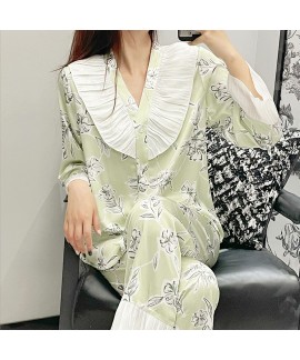 Autumn-Winter Ice Silk Printed Pajama Set - Elegant Long-Sleeve Loungewear for Young Women