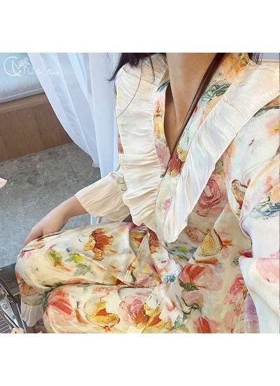 Autumn-Winter Ice Silk Printed Pajama Set - Elegant Long-Sleeve Loungewear for Young Women