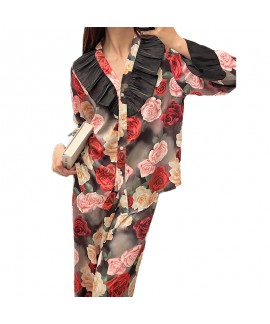 Autumn-Winter Ice Silk Printed Pajama Set - Elegant Long-Sleeve Loungewear for Young Women