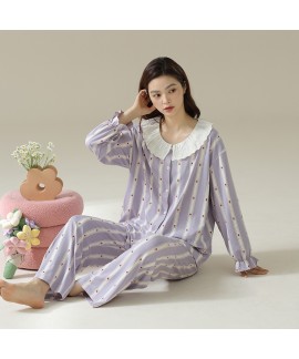 Antibacterial Pure Cotton Women's Long-Sleeve Striped Princess-Style Pajamas for Fall