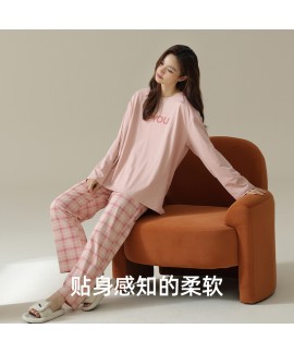 Pure Cotton Solid Pink Round Neck Autumn Winter Long Sleeve Long Pants Women's Casual Pajama Set