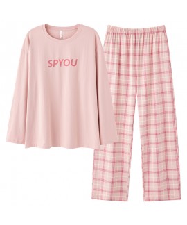 Pure Cotton Solid Pink Round Neck Autumn Winter Long Sleeve Long Pants Women's Casual Pajama Set