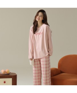 Pure Cotton Solid Pink Round Neck Autumn Winter Long Sleeve Long Pants Women's Casual Pajama Set