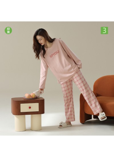 Pure Cotton Solid Pink Round Neck Autumn Winter Long Sleeve Long Pants Women's Casual Pajama Set