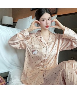 Cartoon Turn-down Collar Hello Kitty Leopard Print Embroidery Ice Silk Spring and Autumn Long Sleeve Women's Homewear Set