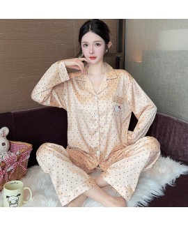 Cartoon Turn-down Collar Hello Kitty Leopard Print Embroidery Ice Silk Spring and Autumn Long Sleeve Women's Homewear Set