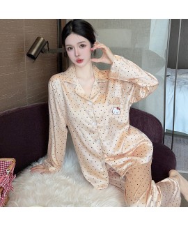 Cartoon Turn-down Collar Hello Kitty Leopard Print Embroidery Ice Silk Spring and Autumn Long Sleeve Women's Homewear Set