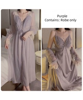 Plus Size Sexy Winter PJs with Chest Pad, Ice Silk Long Strap Sleep Dress with Robe, Pajama Set