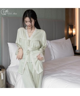 Women's Ice Silk 3-Piece Pajama Set - Elegant Long-Sleeve Loungewear for Spring and Autumn