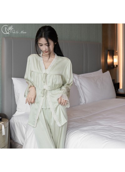 Women's Ice Silk 3-Piece Pajama Set - Elegant Long-Sleeve Loungewear for Spring and Autumn