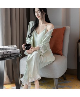 Women's Ice Silk 3-Piece Pajama Set - Elegant Long-Sleeve Loungewear for Spring and Autumn