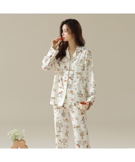 Pure Cotton Happy Picnic Spring Autumn Long Sleeve Long Pants Women's Pajama Set, Animal Print