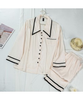 Ivory White Cool Breathable Ice Silk Long Sleeve Button Camellia Print Thin Turn-down Collar Women's Homewear Set