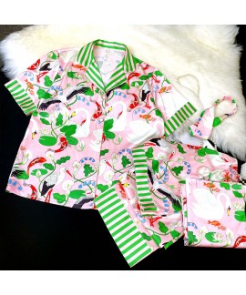 Summer Ice Silk Crane Print Loose Women's Five-Piece Homewear Suitable for Outdoor Wear