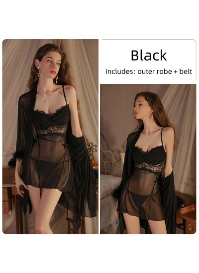 Sexy Plus Size See-Through Lace Backless Sleep Dress and Robe Set