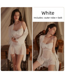 Sexy Plus Size See-Through Lace Backless Sleep Dress and Robe Set