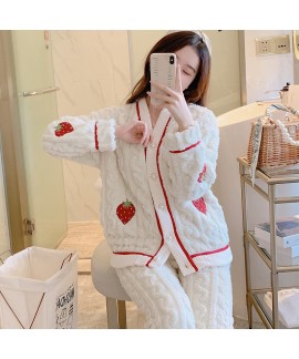 Autumn Winter Thickened Flannel Coral Fleece Cartoon Cute Loose Flannel Women's Homewear Set