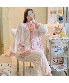 Autumn Winter Thickened Flannel Coral Fleece Cartoon Cute Loose Flannel Women's Homewear Set