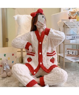 Autumn Winter Thickened Flannel Coral Fleece Cartoon Cute Loose Flannel Women's Homewear Set