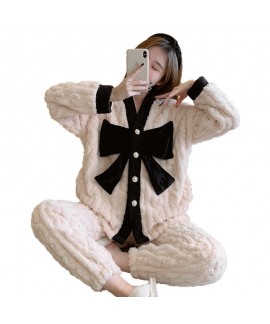 Autumn Winter Thickened Flannel Coral Fleece Cartoon Cute Loose Flannel Women's Homewear Set