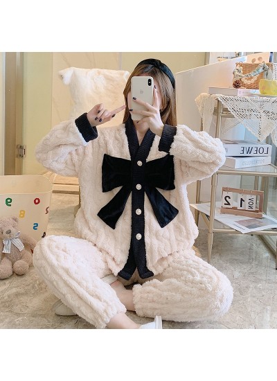 Autumn Winter Thickened Flannel Coral Fleece Cartoon Cute Loose Flannel Women's Homewear Set