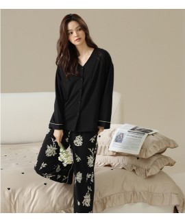 Spring/Autumn Black Floral Print Long Sleeve Pajama Set for Women