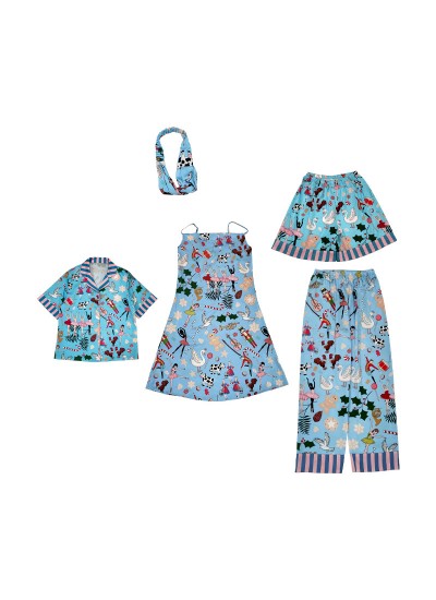 Summer Ice Silk Five-Piece Doll Dance Print Loose Women's Homewear Suitable for Outdoor Wear