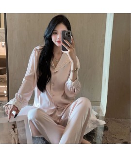 Women's Ice Silk Lace Long-Sleeve Pajama Set - Elegant and Comfortable Loungewear