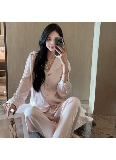 Women's Ice Silk Lace Long-Sleeve Pajama Set - Elegant and Comfortable Loungewear