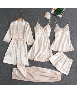 Pink Ice Silk Sexy Loungewear Set for Women: 5-Piece Long Sleeve Robes, Plus Size