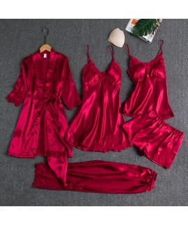 Pink Ice Silk Sexy Loungewear Set for Women: 5-Piece Long Sleeve Robes, Plus Size