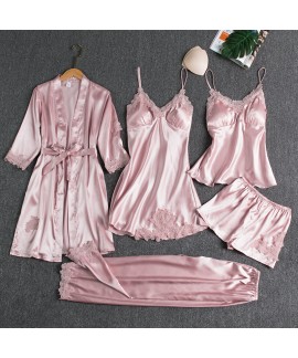 Pink Ice Silk Sexy Loungewear Set for Women: 5-Pie...