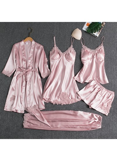 Pink Ice Silk Sexy Loungewear Set for Women: 5-Piece Long Sleeve Robes, Plus Size